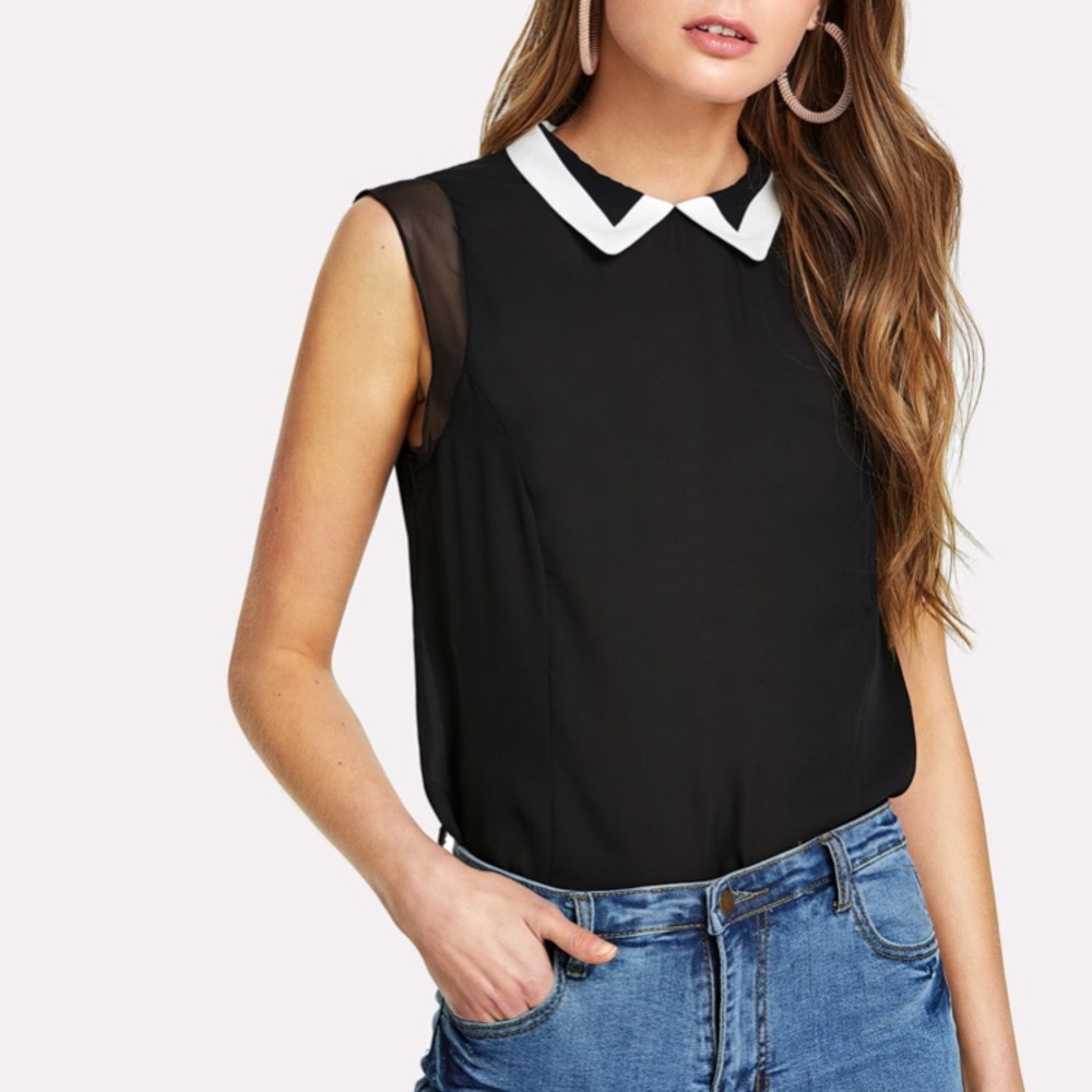 Sleeveless Contrast Collar High Low Top